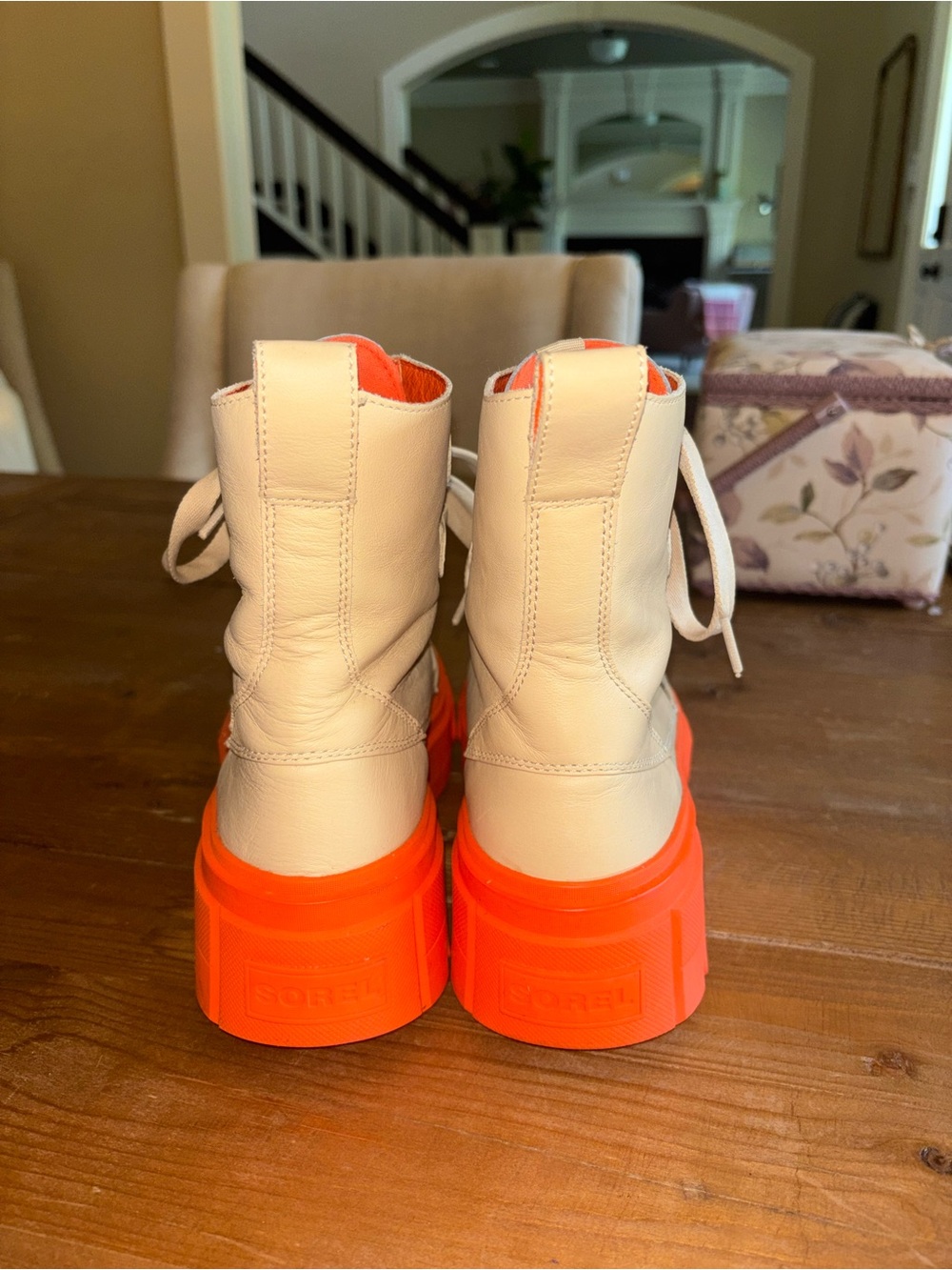 Sorel Lace-Up Platform Boots in Cream and Bright Orange - Picture 2 of 6